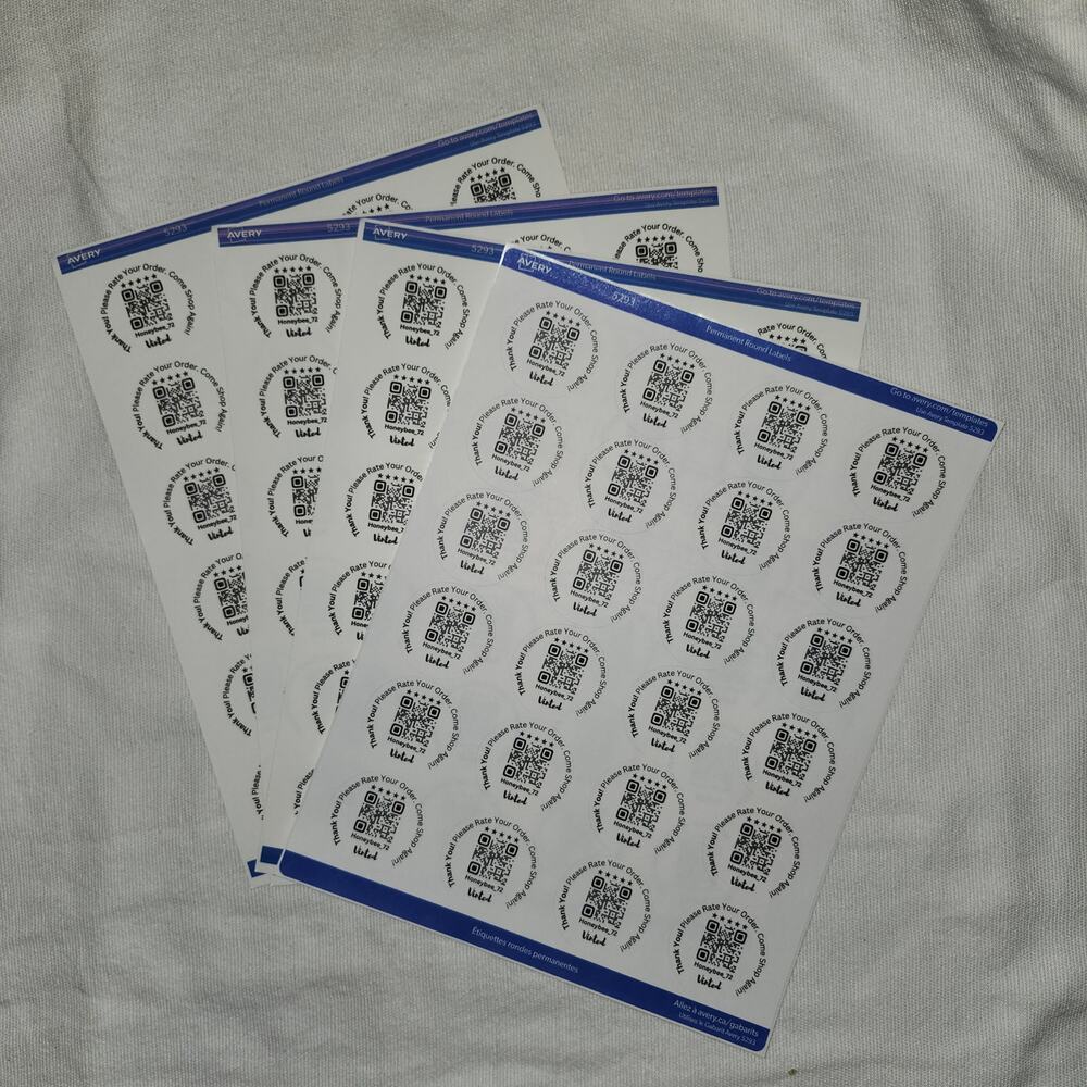 Custom QR Stickers | Thank You / Rate Your Order | Monochrome | White | 96 ct